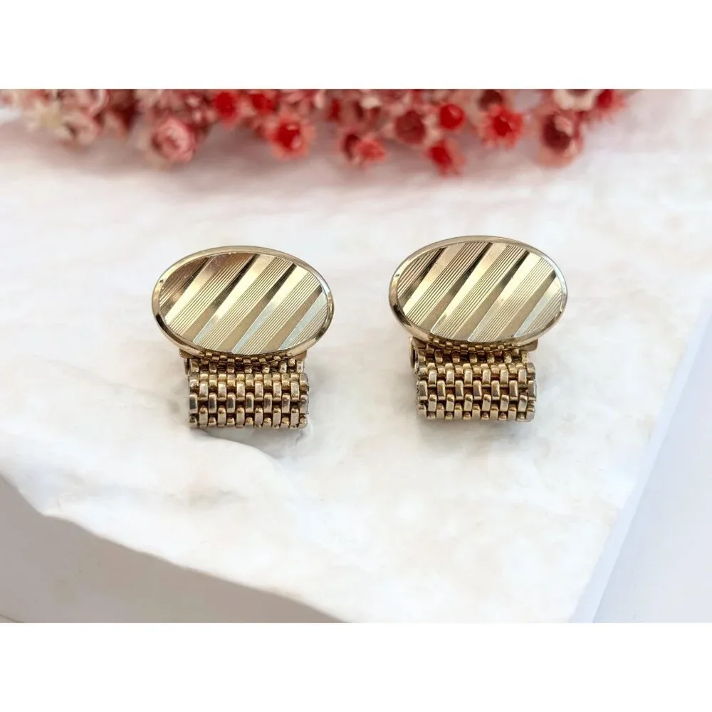 Textured Midcentury Style Oval Retro Gold Toned Round Vintage Cuff Links